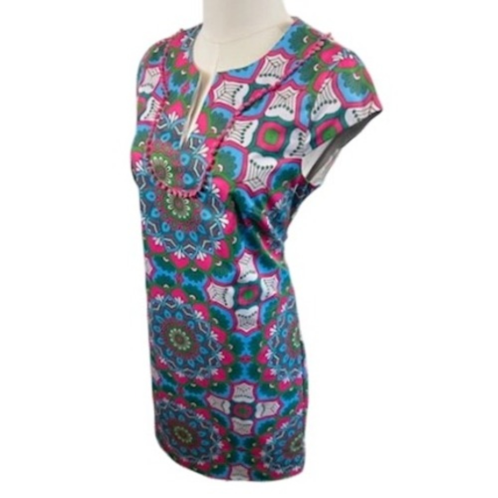 Jade Melody Scuba Tam Women's Dress Colorful Print Pom Pom Trim Size Small - Picture 2 of 7